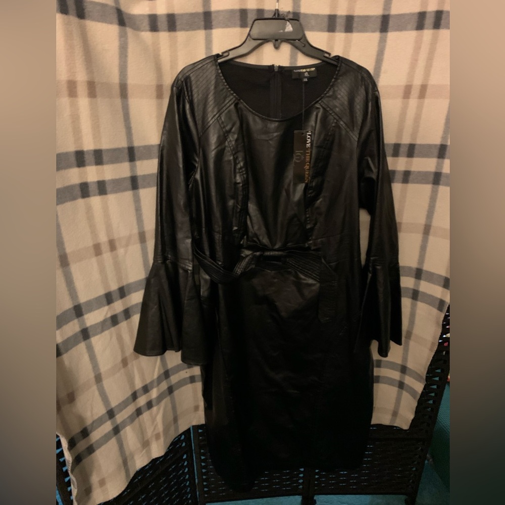 Black faux leather business casual black dress with ruffle long sleeve ruffle